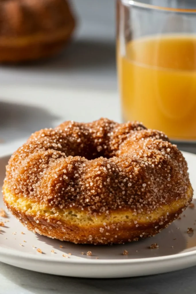 Single mini apple cider donut on white plate showing ring shape with sparkling cinnamon-sugar coating, tender cake texture, marble surface backdrop