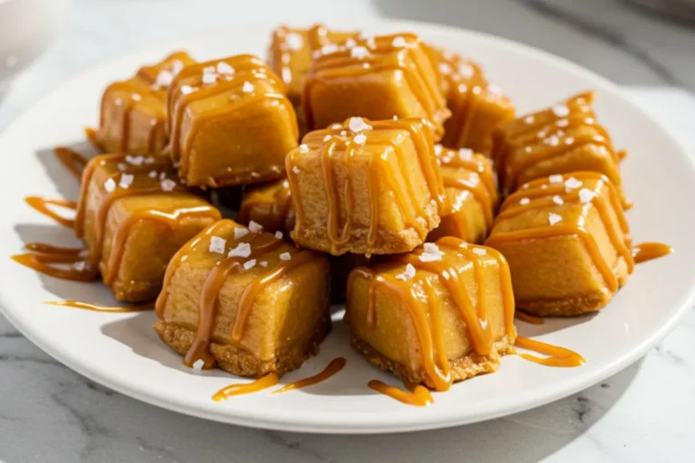 Homemade mini caramel apple bites on wooden board with glossy golden caramel coating and flaky sea salt sprinkles on white marble surface