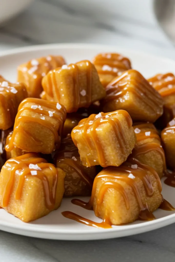 Homemade mini caramel apple bites on wooden board with glossy golden caramel coating and flaky sea salt sprinkles on white marble surface