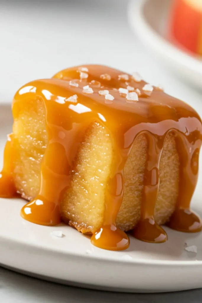 Single caramel apple bite on white plate showing fresh apple cube completely coated in glossy golden caramel with sea salt crystals, marble surface