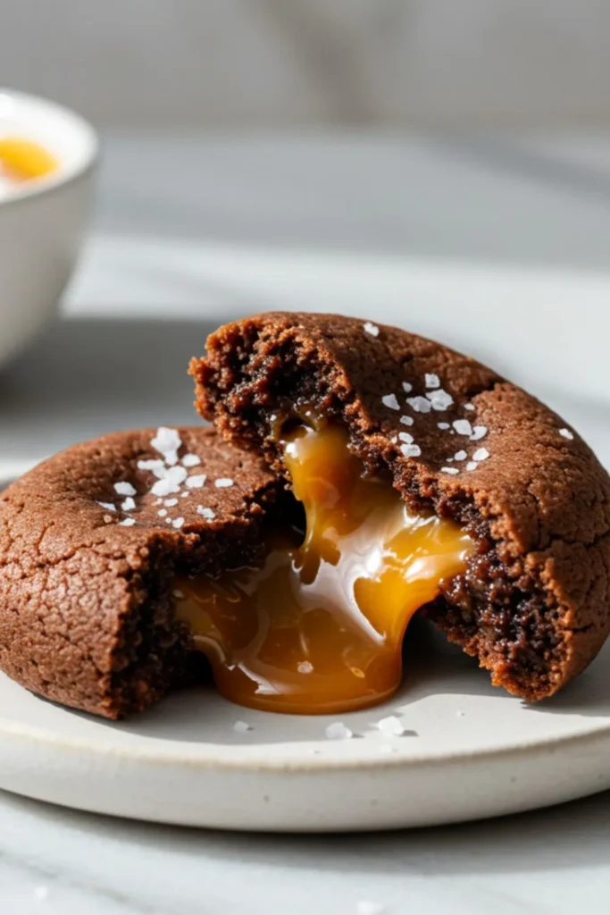 Single chocolate cookie broken in half on white plate showing rich chocolate exterior with flowing golden caramel center, sea salt, marble surface