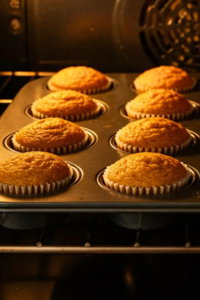 Mini pumpkin spice cupcakes baking in oven with golden-orange domed tops perfectly risen in mini muffin tin, illuminated by warm oven light