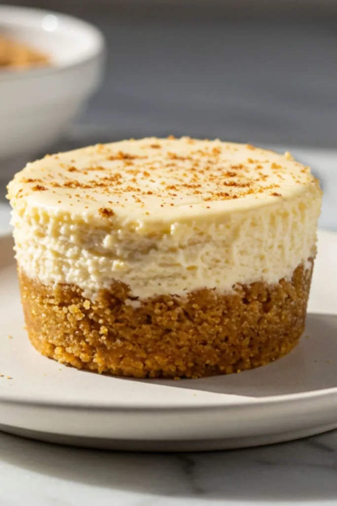 Single mini cheesecake on white plate showing layered cinnamon cream cheese filling over graham cracker crust, dusted with cinnamon, marble surface
