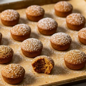 Homemade mini gingerbread bites on parchment-lined baking sheet with golden-brown spiced cookies dusted with powdered sugar on marble surface