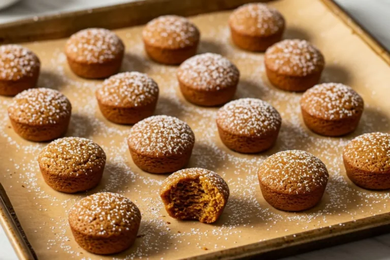 Homemade mini gingerbread bites on parchment-lined baking sheet with golden-brown spiced cookies dusted with powdered sugar on marble surface