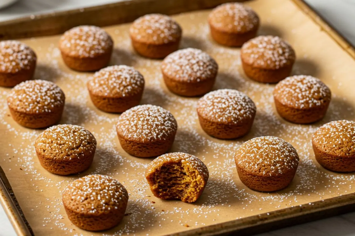 Homemade mini gingerbread bites on parchment-lined baking sheet with golden-brown spiced cookies dusted with powdered sugar on marble surface
