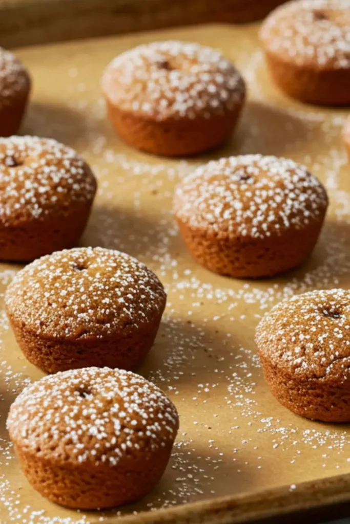 Homemade mini gingerbread bites on parchment-lined baking sheet with golden-brown spiced cookies dusted with powdered sugar on marble surface
