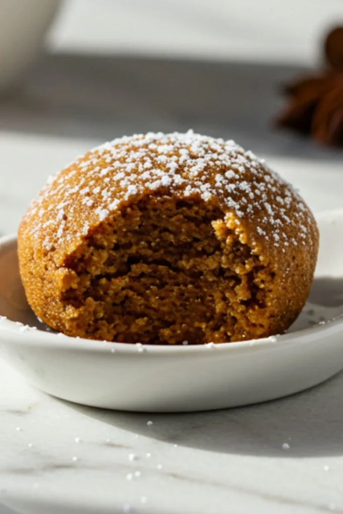 Single mini gingerbread bite on white spoon showing golden-brown spiced cookie with soft texture and generous powdered sugar dusting
