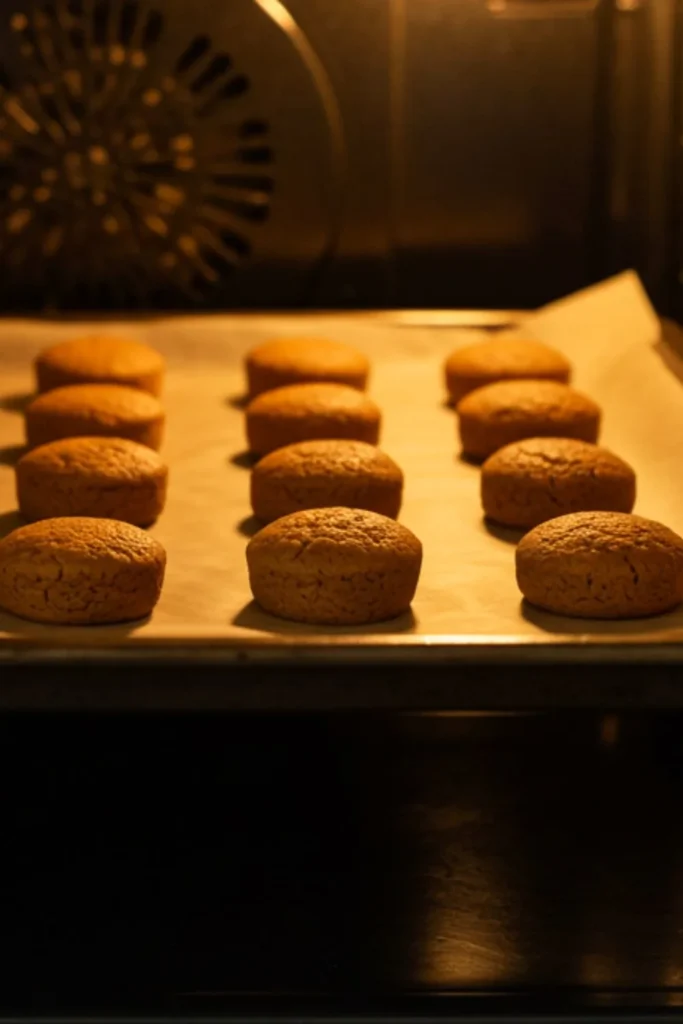 Mini gingerbread bites baking in oven with small round cookies turning golden-brown and setting while maintaining soft centers in warm oven light