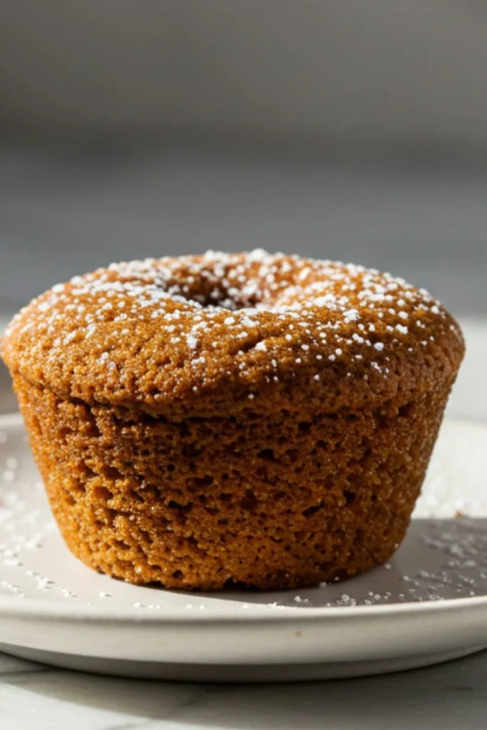 Single mini gingerbread bite on white plate showing dense spiced texture with molasses, ginger, cinnamon, powdered sugar dusting, marble surface