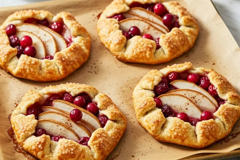 Homemade mini pear and cranberry galettes on parchment-lined baking sheet with rustic golden pastry and ruby-red cranberries on marble surface