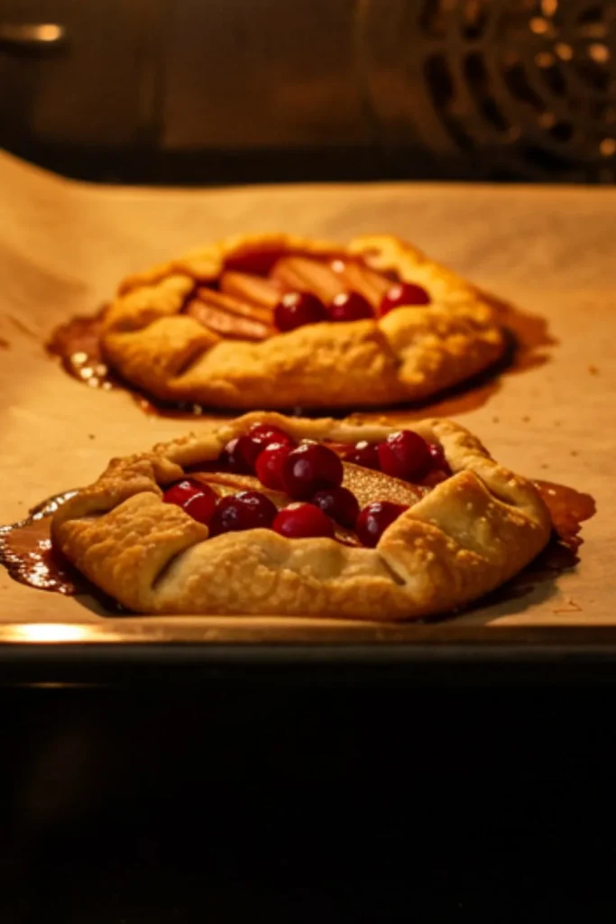 Mini pear and cranberry galettes baking in oven with golden-brown pastry shells and bubbling fruit filling illuminated by warm oven light