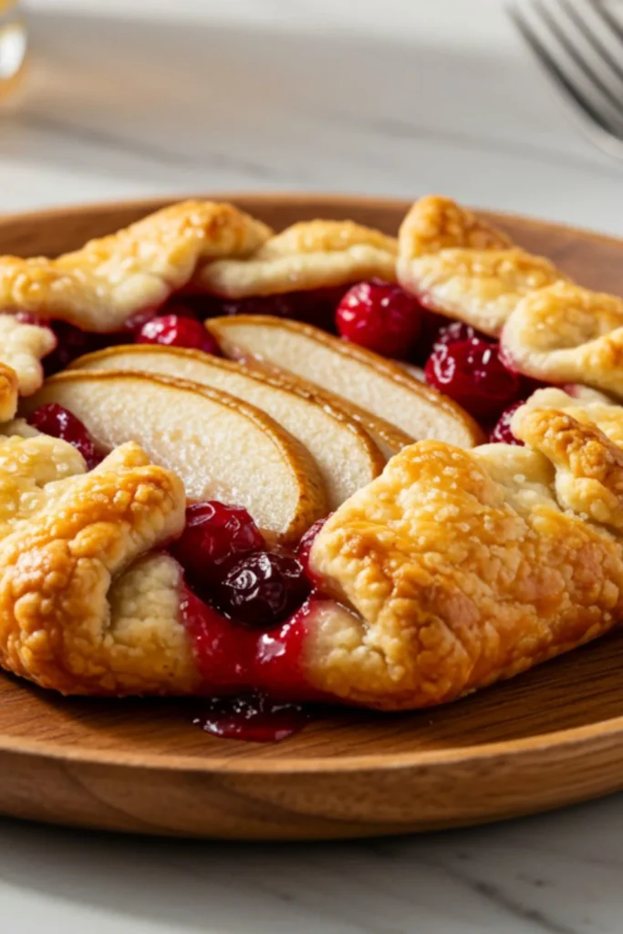 Single mini pear and cranberry galette on wooden plate showing pleated golden pastry with visible pear slices and bright cranberries