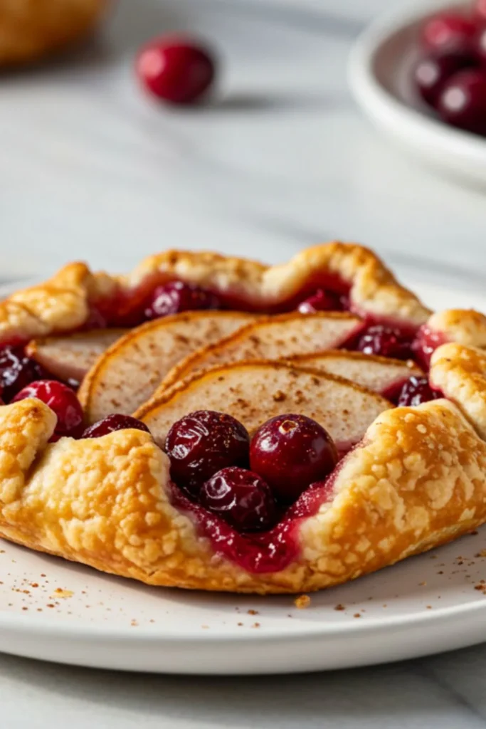 Single mini galette on white plate showing flaky golden pastry with pear slices, bright cranberries, rustic folded edges, marble surface backdrop