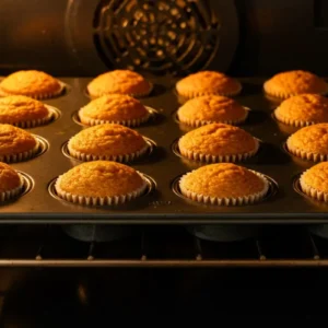 Mini pumpkin spice cupcakes baking in oven with golden-orange domed tops perfectly risen in mini muffin tin, illuminated by warm oven light