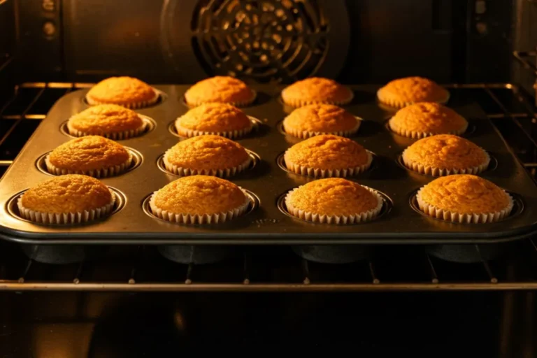 Mini pumpkin spice cupcakes baking in oven with golden-orange domed tops perfectly risen in mini muffin tin, illuminated by warm oven light