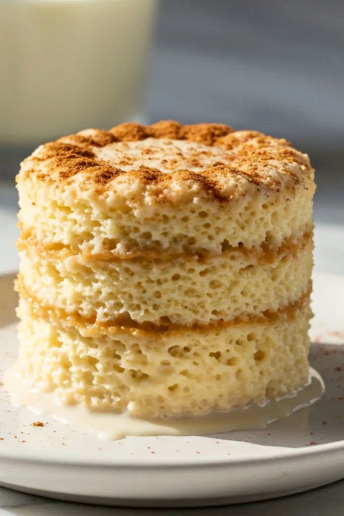 Single mini tres leches cake on white plate showing milk-soaked sponge layers with cinnamon, moist tender crumb visible, marble surface backdrop