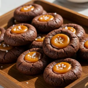 Mini chocolate-salted caramel cookies on rustic wooden tray with fudgy chocolate exterior, glossy caramel centers, and flaky sea salt crystals