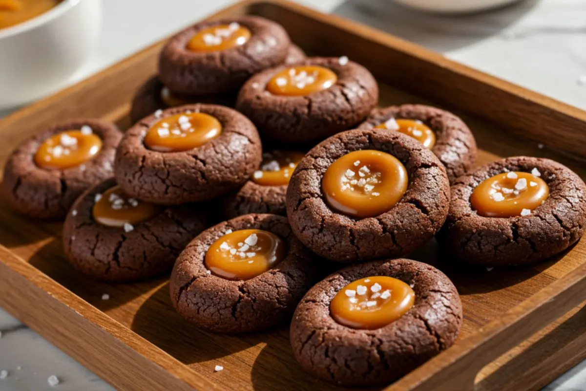 Mini chocolate-salted caramel cookies on rustic wooden tray with fudgy chocolate exterior, glossy caramel centers, and flaky sea salt crystals