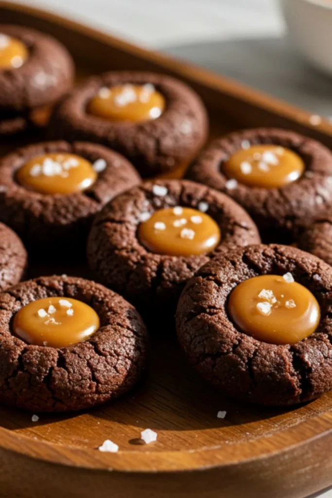 Mini chocolate-salted caramel cookies on rustic wooden tray with fudgy chocolate exterior, glossy caramel centers, and flaky sea salt crystals