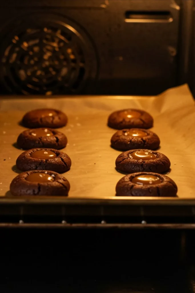 Mini chocolate-salted caramel cookies baking on parchment-lined sheet in oven with golden caramel bubbling at edges, illuminated by oven light