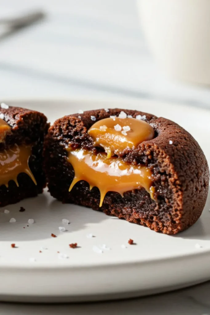 Single mini chocolate-salted caramel cookie on white plate showing cross-section with fudgy chocolate exterior and oozing golden caramel center