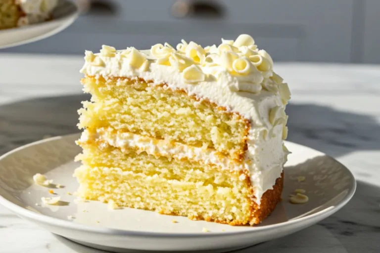 A slice of Moist Vanilla Birthday Cake on a small dessert plate