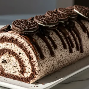 A Oreo Cake Roll on a rectangular serving platter, featuring layers of soft chocolate sponge and creamy Oreo filling, topped with crushed Oreos and chocolate ganache.