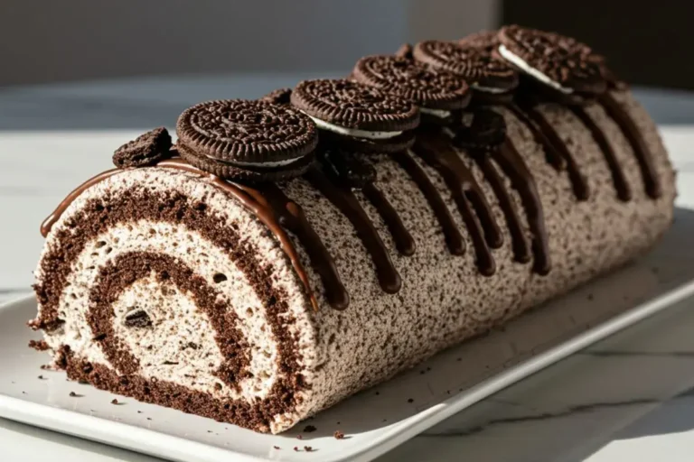 A Oreo Cake Roll on a rectangular serving platter, featuring layers of soft chocolate sponge and creamy Oreo filling, topped with crushed Oreos and chocolate ganache.