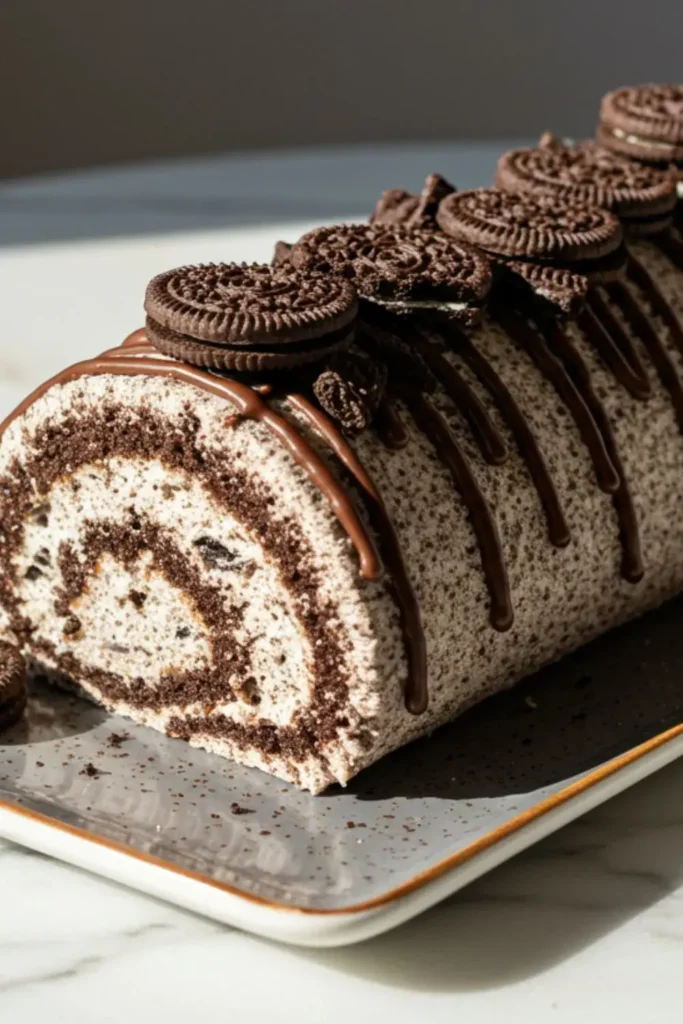 A Oreo Cake Roll on a rectangular serving platter, featuring layers of soft chocolate sponge and creamy Oreo filling, topped with crushed Oreos and chocolate ganache.