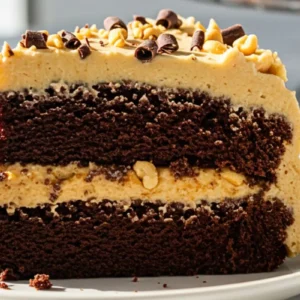 A homemade slice of Peanut Butter Chocolate Cake on a small dessert plate, featuring rich, dark brown chocolate layers paired with creamy golden-tan peanut butter frosting, garnished with chocolate shavings and a sprinkle of chopped peanuts.