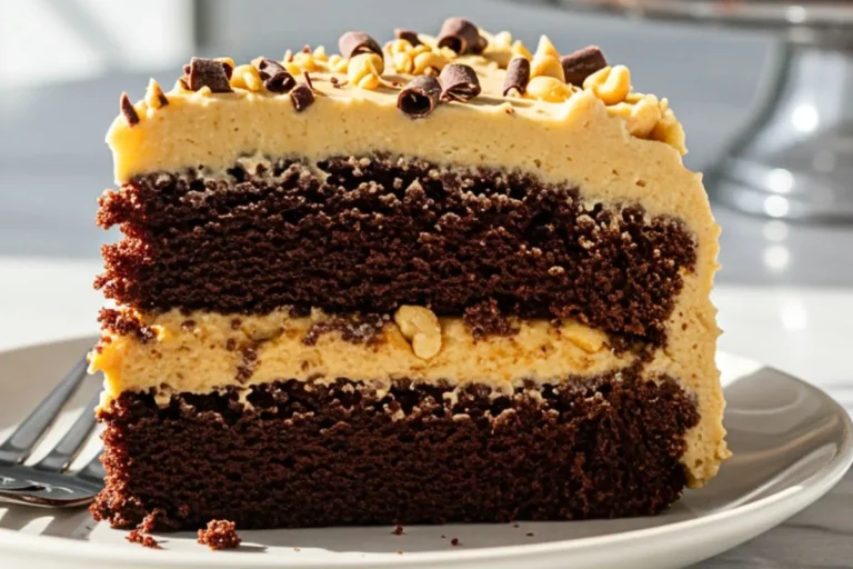 A homemade slice of Peanut Butter Chocolate Cake on a small dessert plate, featuring rich, dark brown chocolate layers paired with creamy golden-tan peanut butter frosting, garnished with chocolate shavings and a sprinkle of chopped peanuts.