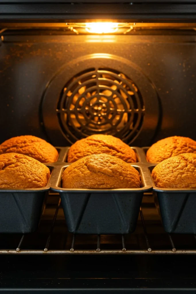 Petite spiced pumpkin loaves baking in oven with golden-orange mini loaves perfectly risen and turning golden brown at edges in warm oven light
