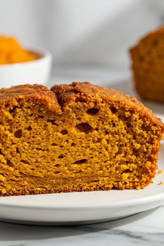 Single slice of spiced pumpkin loaf on white plate showing moist orange crumb with warm spices, golden crust edge, marble surface backdrop