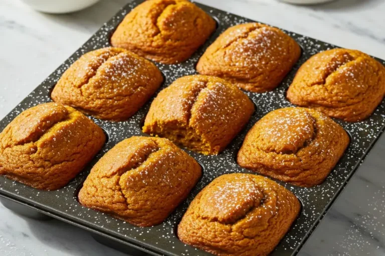 Homemade petite spiced pumpkin loaves in mini loaf pan with golden-orange spiced cake dusted with powdered sugar on white marble surface
