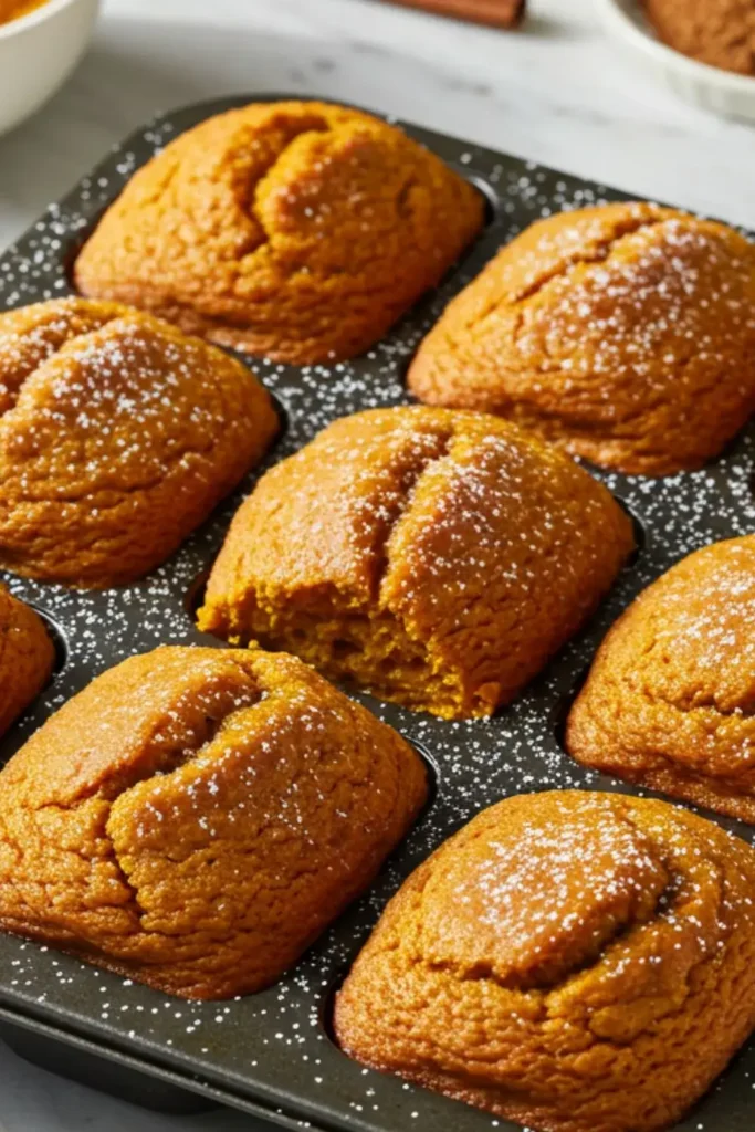 Homemade petite spiced pumpkin loaves in mini loaf pan with golden-orange spiced cake dusted with powdered sugar on white marble surface