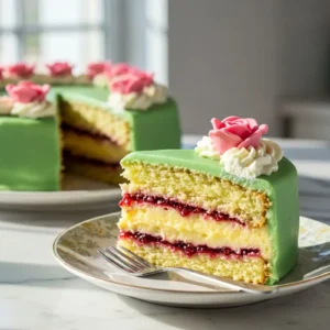 A homemade slice of Princess Birthday Cake on a small dessert plate, revealing layers of light sponge, raspberry jam, vanilla custard, and whipped cream, encased in smooth green marzipan with a delicate pink marzipan rose on top.