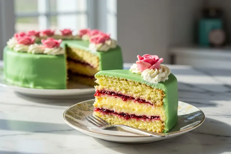 A homemade slice of Princess Birthday Cake on a small dessert plate, revealing layers of light sponge, raspberry jam, vanilla custard, and whipped cream, encased in smooth green marzipan with a delicate pink marzipan rose on top.