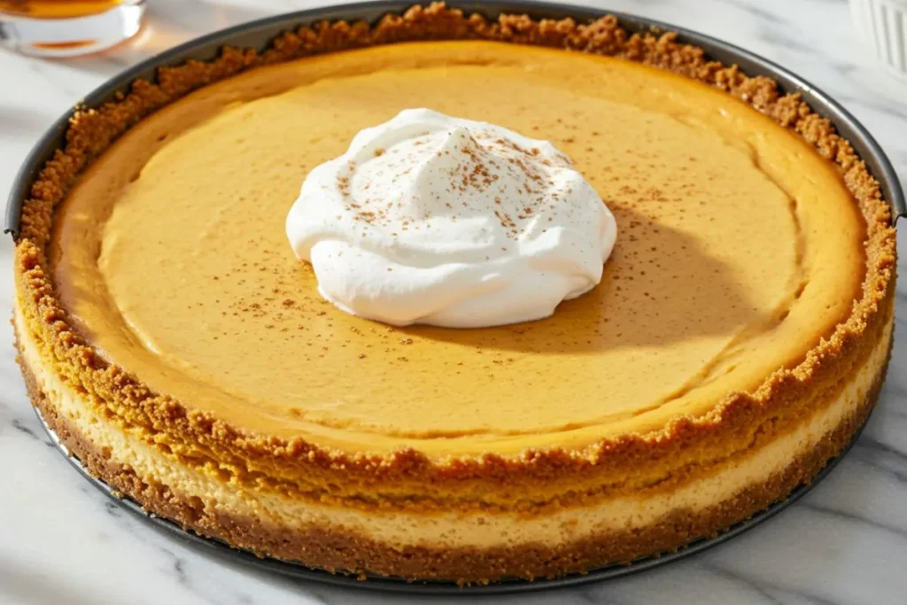 Homemade pumpkin bourbon cheesecake in springform pan with creamy orange filling, graham crust, whipped cream topping on white marble surface