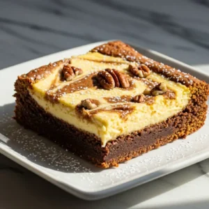 A Pumpkin Brownies with Cream-Cheese Swirl in a square white ceramic plate