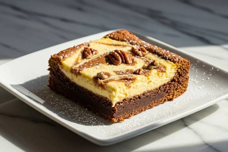 A Pumpkin Brownies with Cream-Cheese Swirl in a square white ceramic plate