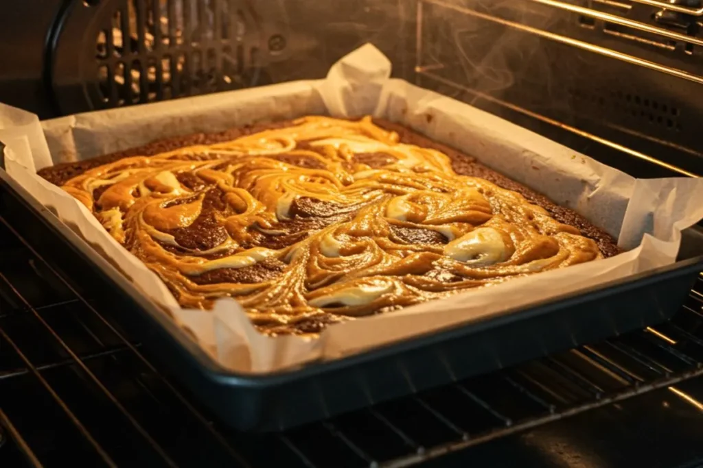 Pumpkin Brownies with Cream-Cheese Swirl batter in a parchment-lined 8x8 baking pan inside a preheated oven