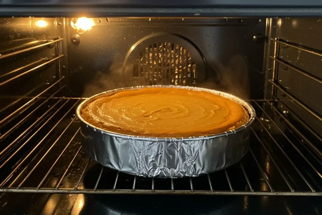 Pumpkin bourbon cheesecake baking in oven water bath, foil-wrapped springform pan with setting orange filling illuminated by warm oven light