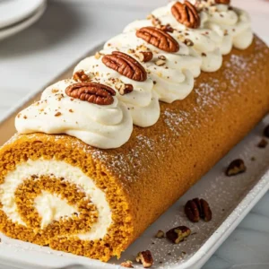 A Pumpkin Cream Cheese Roll in a rustic white ceramic platter, featuring layers of spiced pumpkin sponge cake and creamy cheese frosting in a stunning swirl, topped with a light dusting of powdered sugar and chopped pecans.