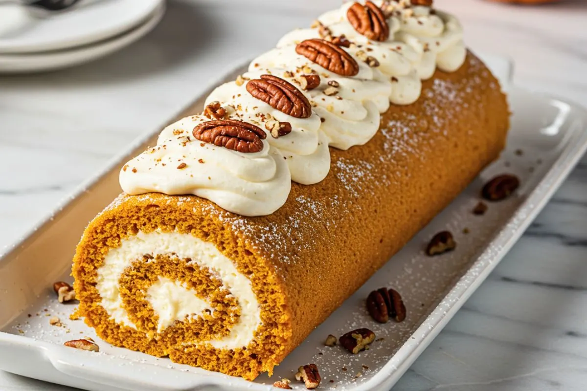 A Pumpkin Cream Cheese Roll in a rustic white ceramic platter, featuring layers of spiced pumpkin sponge cake and creamy cheese frosting in a stunning swirl, topped with a light dusting of powdered sugar and chopped pecans.