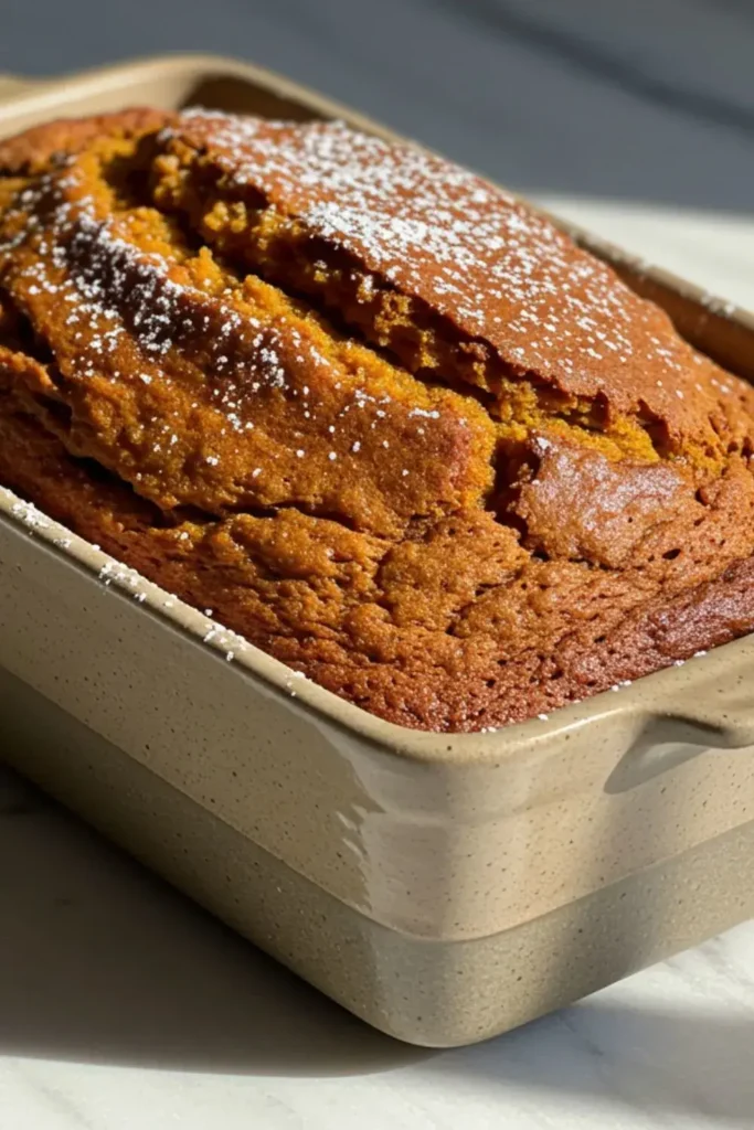 A pumpkin gingerbread loaf in a rustic ceramic loaf dish, featuring warm layers of pumpkin purée, molasses, and spiced ginger-cinnamon flavors, topped with a light dusting of powdered sugar.