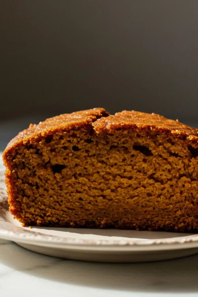 A single slice of pumpkin gingerbread on a small, vintage white plate, showcasing a moist, spiced interior with rich pumpkin and molasses flavors, garnished with a dollop of whipped cream and a sprinkle of cinnamon.