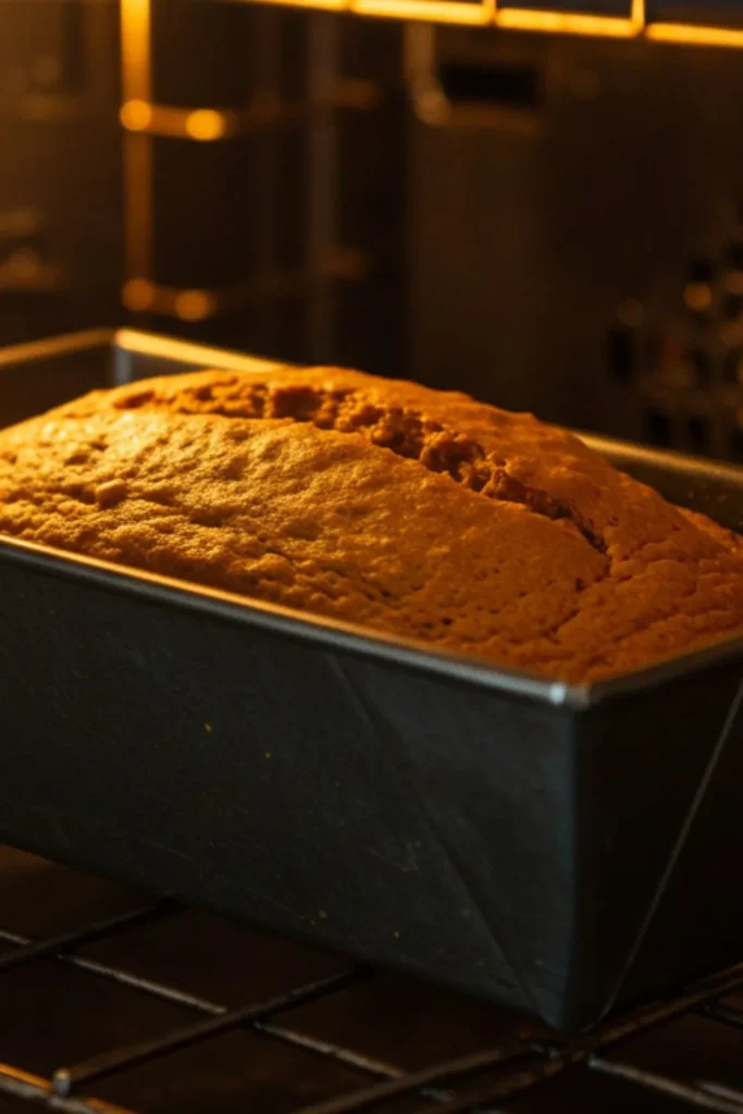 A pumpkin gingerbread loaf baking in a 9x5-inch metal loaf pan inside a glowing oven, with the golden-brown crust just beginning to form, highlighting the pumpkin and warm spice aroma.