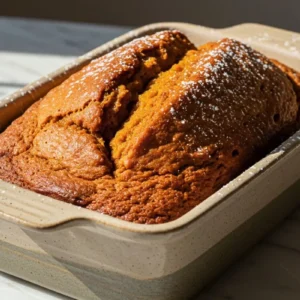 A pumpkin gingerbread loaf in a rustic ceramic loaf dish, featuring warm layers of pumpkin purée, molasses, and spiced ginger-cinnamon flavors, topped with a light dusting of powdered sugar.