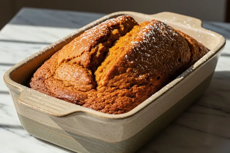 A pumpkin gingerbread loaf in a rustic ceramic loaf dish, featuring warm layers of pumpkin purée, molasses, and spiced ginger-cinnamon flavors, topped with a light dusting of powdered sugar.